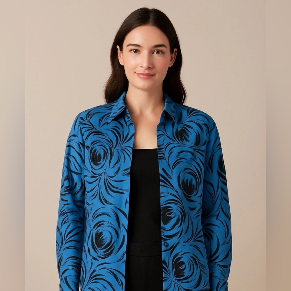 Wrinkle Free Classic Shirt 16 W Cotton Blue Black Floral Print New No Tags - Picture 9 of 9